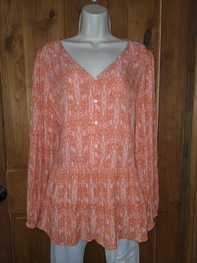 Style & Co. Coral and White Patterned V-Neck Button Tunic
